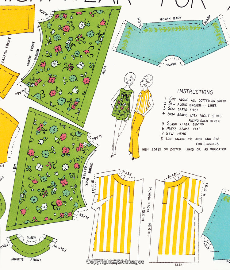 Vintage Sewing Pattern Template Showing Pajama Design with Floral and Stripe Patterns