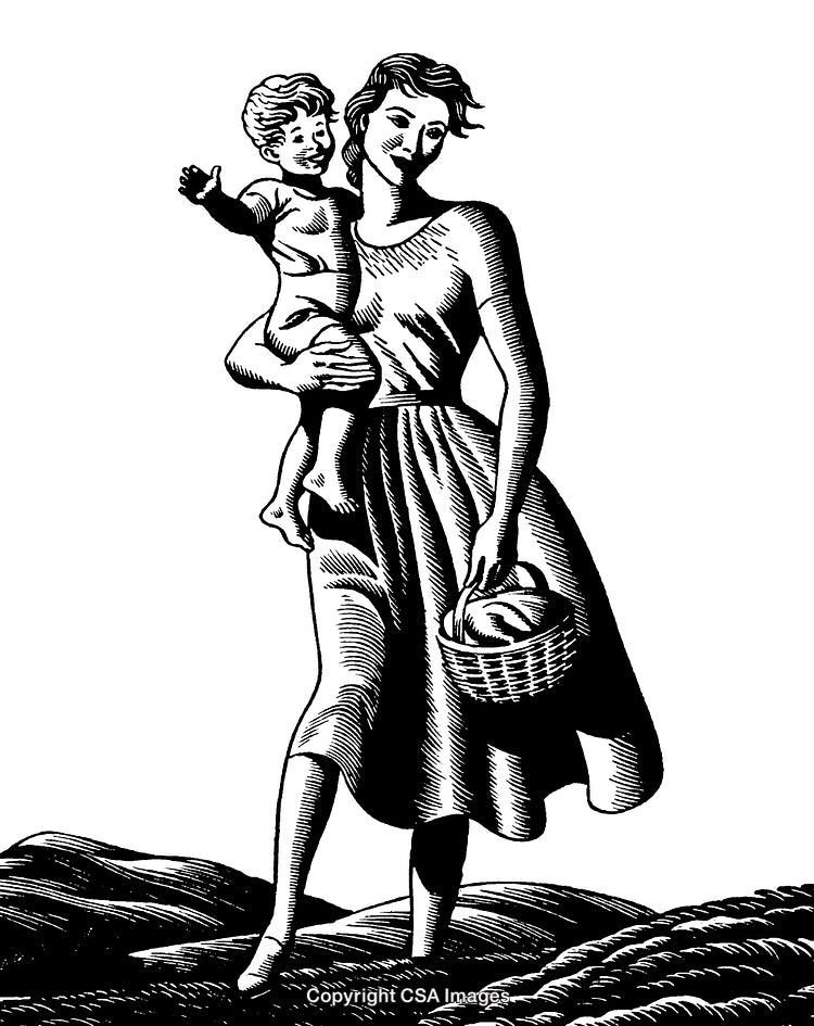 Black And White Engraving of Mother Holding Child While Walking on Field