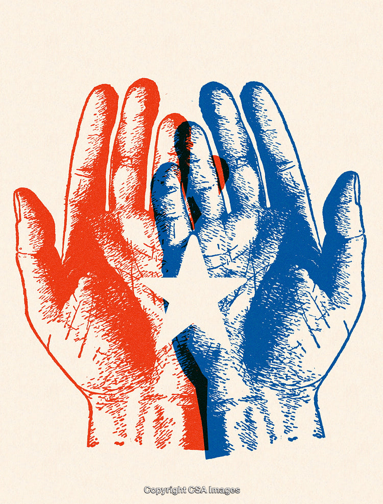 Artistic Depiction of Hands with Red and Blue Star Motif