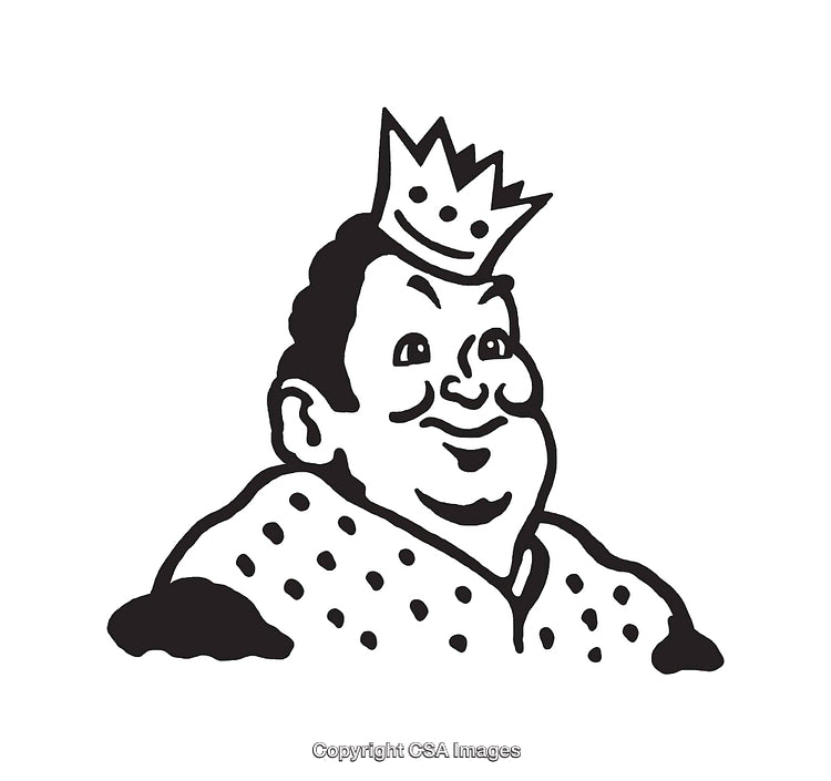 Black and White Line Art of a Cartoon Style Happy King Illustration