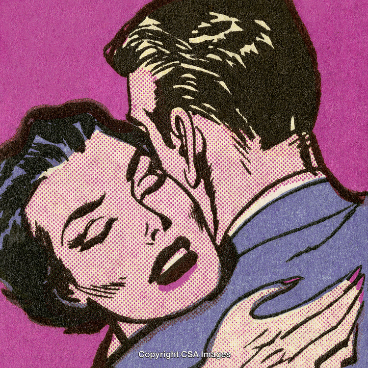 Pop Art Style Illustration of Couple Embracing in Colorful Comic Design