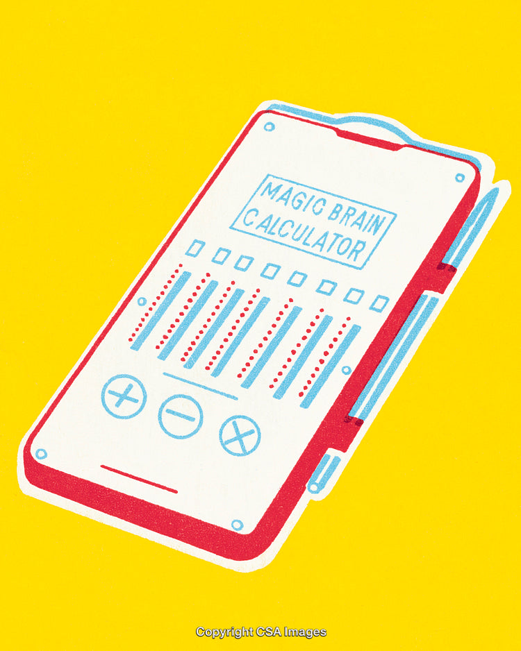 Retro Magic Brain Calculator Gadget in Vibrant Yellow Background
