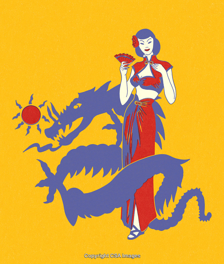 Elegant Woman with Oriental Style and Dragon Silhouette on Yellow Background