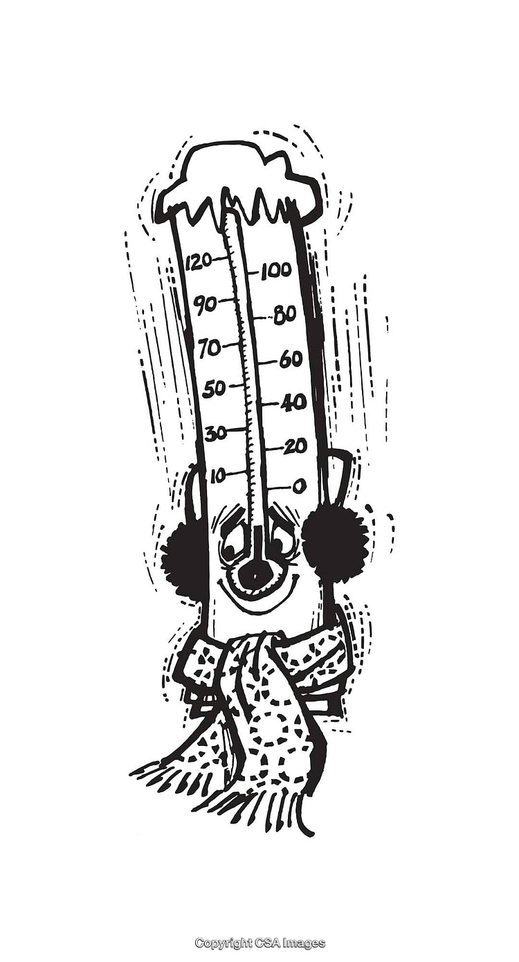 Black And White Line Art Of a Cartoon Thermometer In Winter Clothing