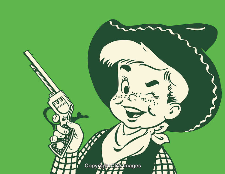 Retro Cartoon Illustration of a Cowboy Character in Green Monochromatic Style