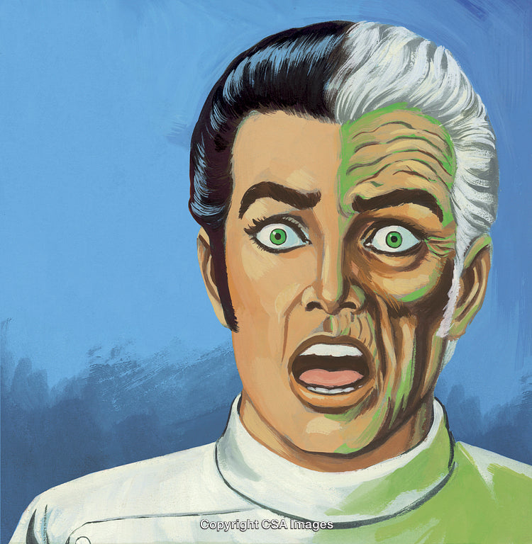 Dramatic Portrait Of Man Transitioning with Shocked Expression and Vibrant Colors