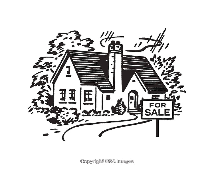 Black and White Real Estate Illustration of House with For Sale Sign