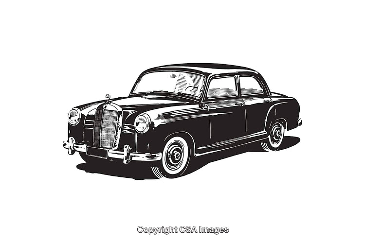 Black and White Illustration of a Classic Vintage Car