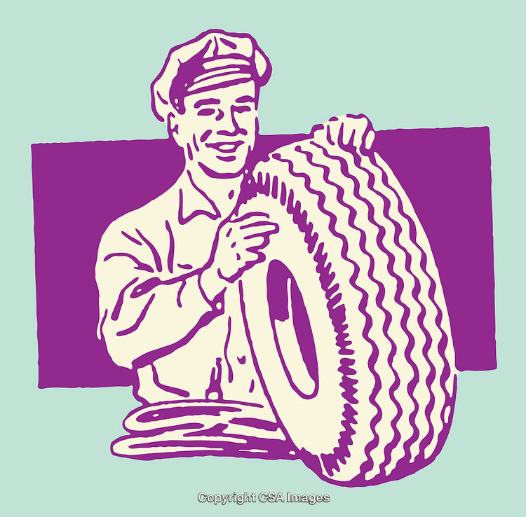 Vintage Line Art of a Smiling Mechanic Holding a Tire