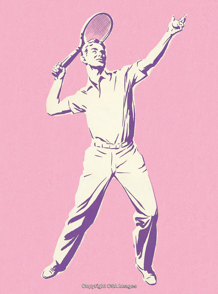 Vintage Illustration of a Tennis Player Preparing to Serve on Pink Background