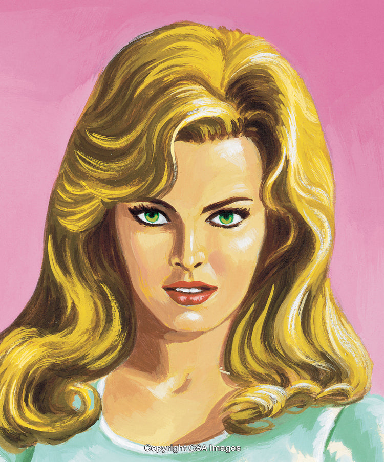 Retro Illustration of a Blonde Woman with Green Eyes on a Pink Background