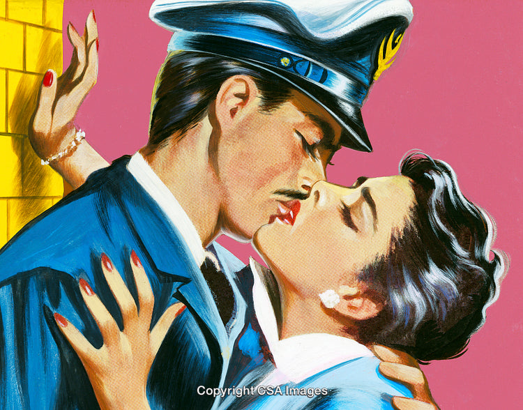 Romantic Illustration of a Passionate Kiss in Retro Art Style