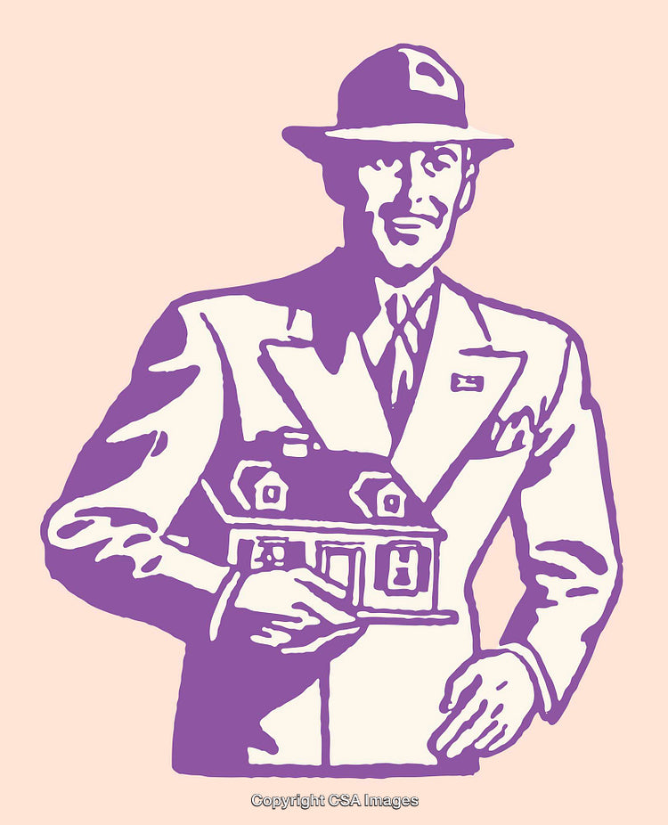 Retro Illustrated Businessman Holding a Model House in Vintage Style Art