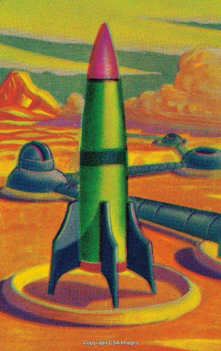 Retro Futuristic Rocket on Alien Planet with Colorful Sky and Base