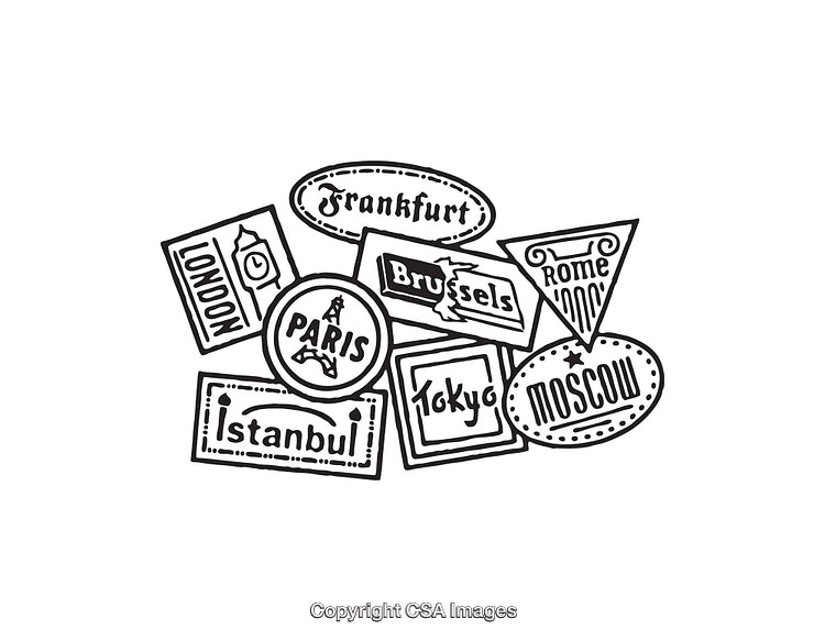 Black And White Illustrated Stamps Featuring Global Cities