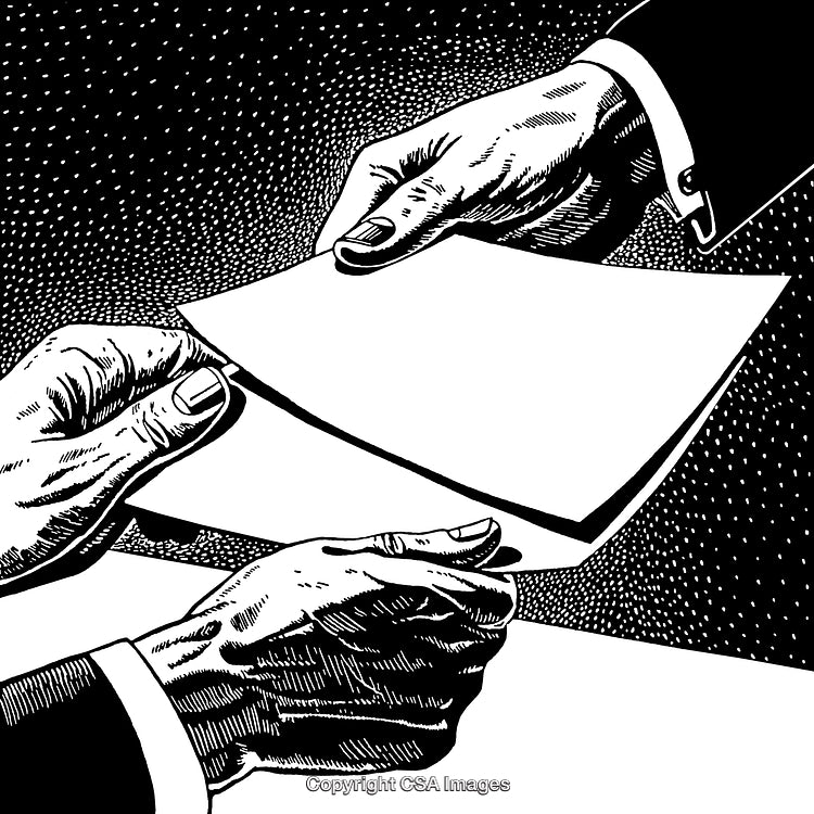 Detailed Black and White Engraving of Hands Exchanging a Document