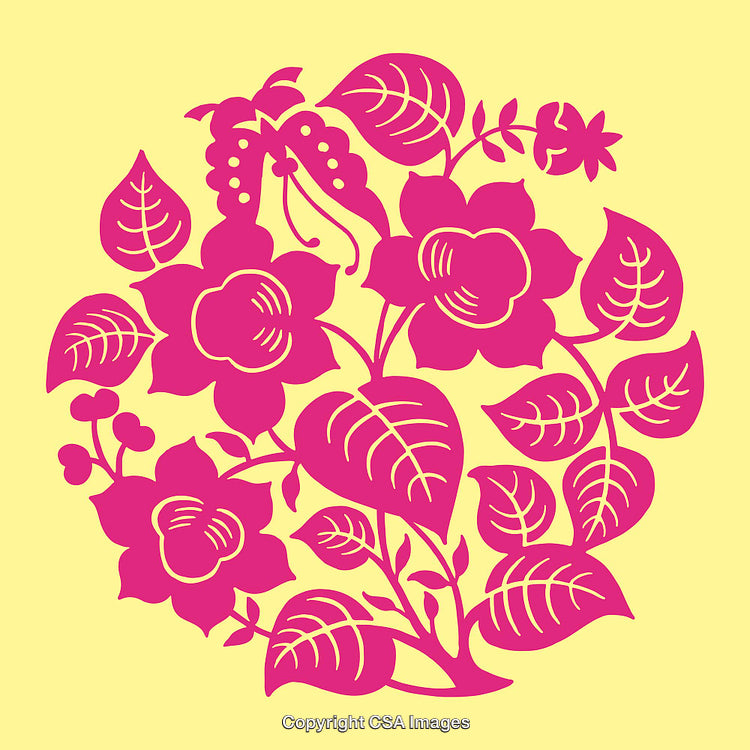 Bright Floral Line Art Circle Design in Pink on Yellow Background