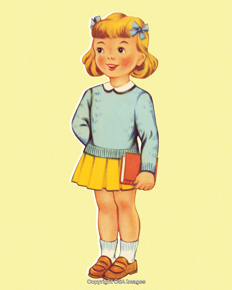Vintage Illustration of Smiling Girl Holding a Book with Retro Aesthetic