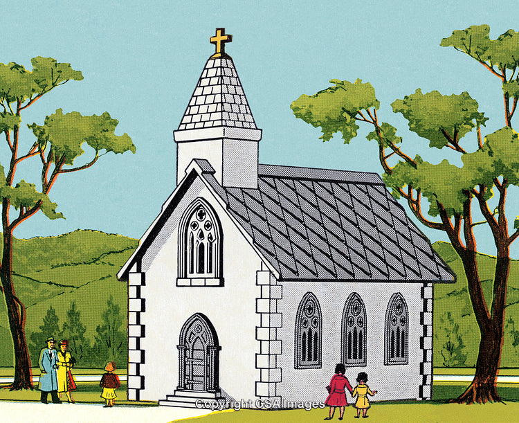 Picturesque Church Surrounded by Nature with People Nearby in Illustrative Style