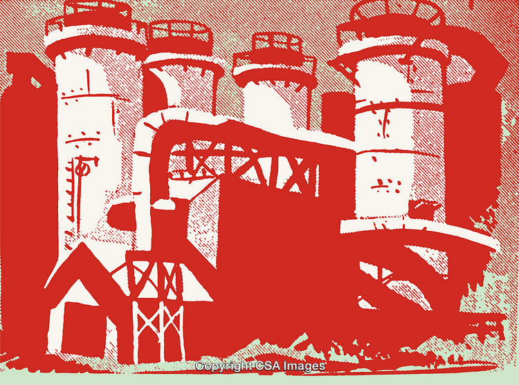 Illustration of Industrial Silos in Bold Red Monochrome Style