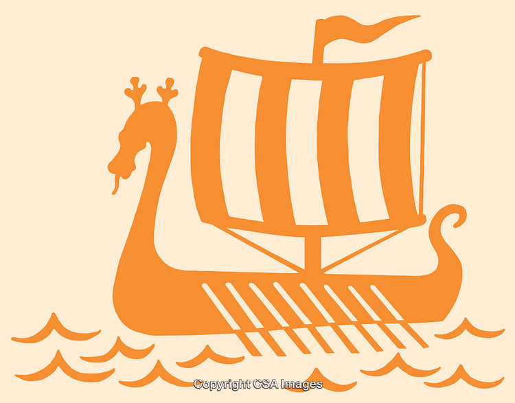 Orange Illustrated Viking Longship with Dragon Head on a Textured Background