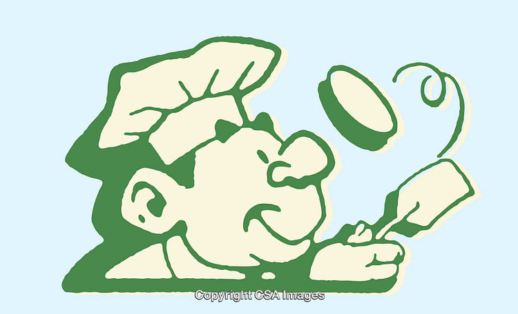 Whimsical Green and Beige Chef Illustration with Frying Pan