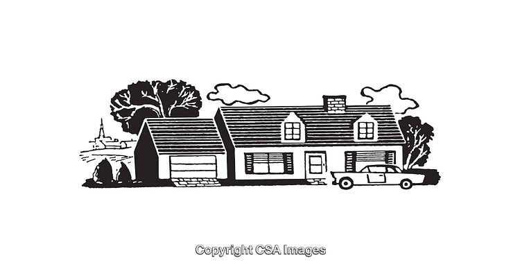 Black and White Line Art of a Suburban House with Car and Trees