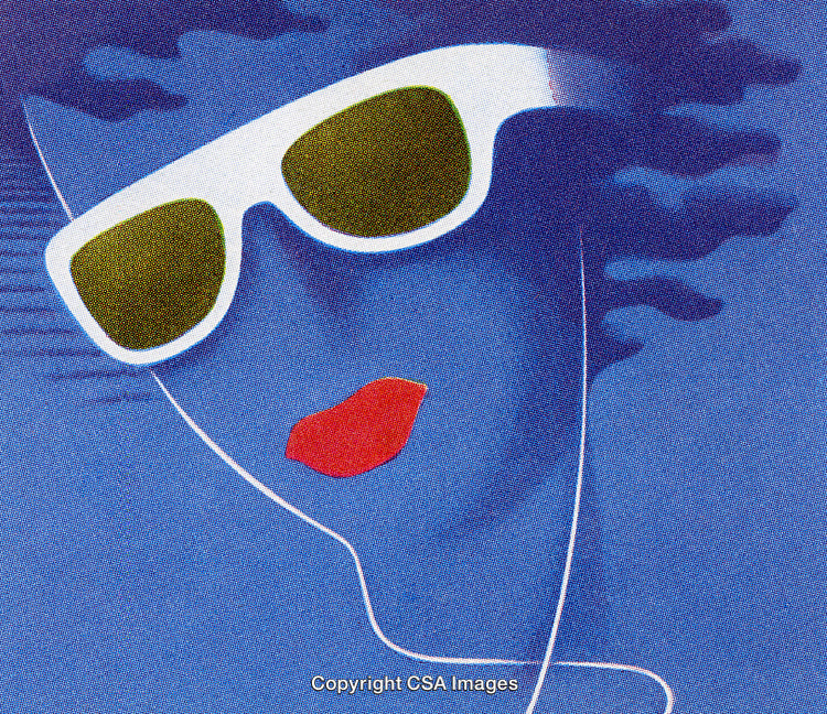 Stylized Portrait of a Woman With Sunglasses on a Blue Artistic Background