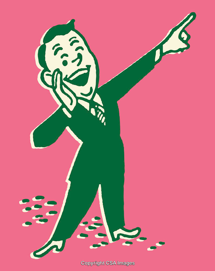 Retro Style Illustration of a Happy Man Pointing Cheerfully on Pink Background