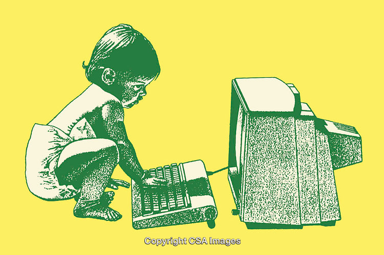 Illustrated Baby Using Vintage Computer on Yellow Background