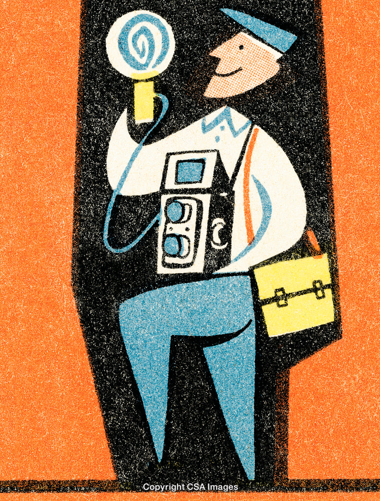 Vintage Illustration of a Smiling Photographer Holding a Camera and Flash