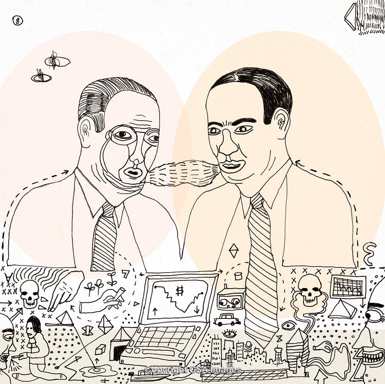 Abstract Artistic Depiction of Two Businessmen With Conceptual Visual Elements