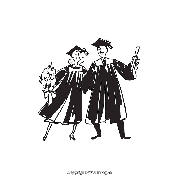 Black and White Illustration of Graduates in Cap and Gown Celebrating