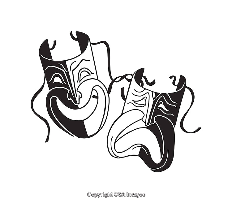 Black and White Comedy and Tragedy Mask Line Art Sketch