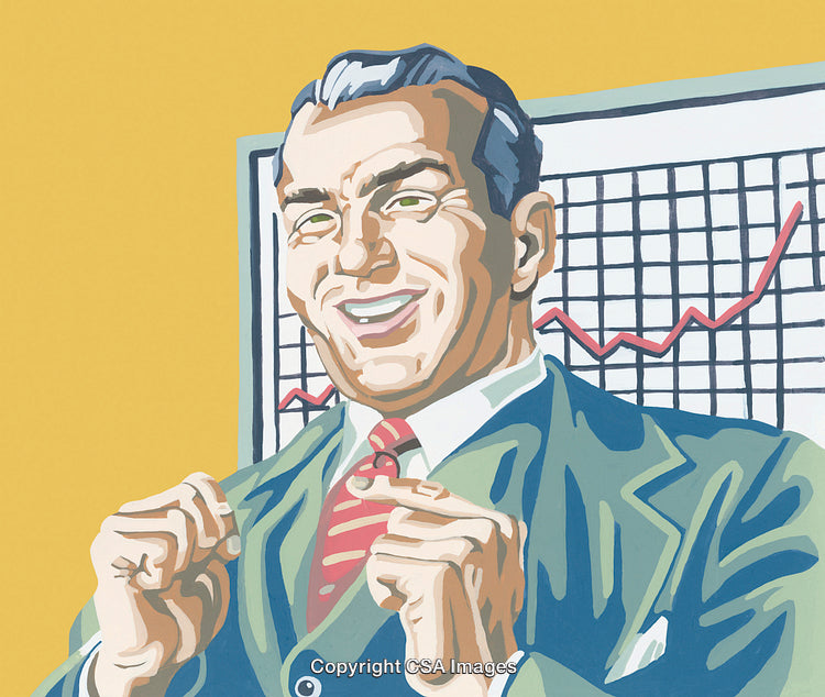 Retro Illustration of a Cheerful Businessman with a Growth Chart