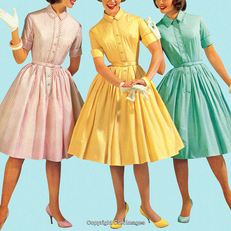 Vintage Fashion Style Showcasing Mid-Century Dresses in Bright Pastel Colors