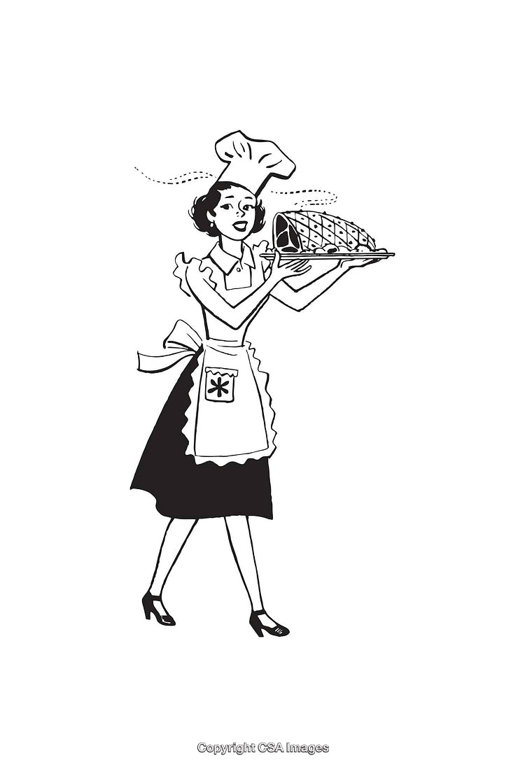 Retro Cook Holding a Turkey Pie in Black and White Illustration