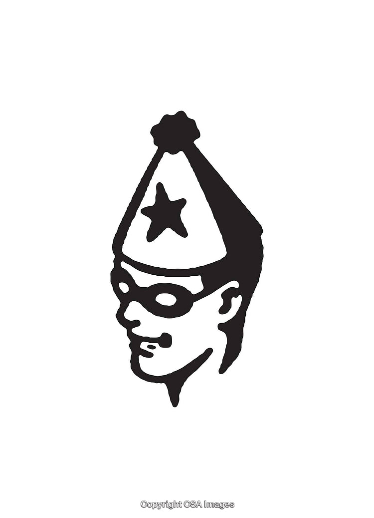 Black and White Line Art of a Party Hat Figure with Star