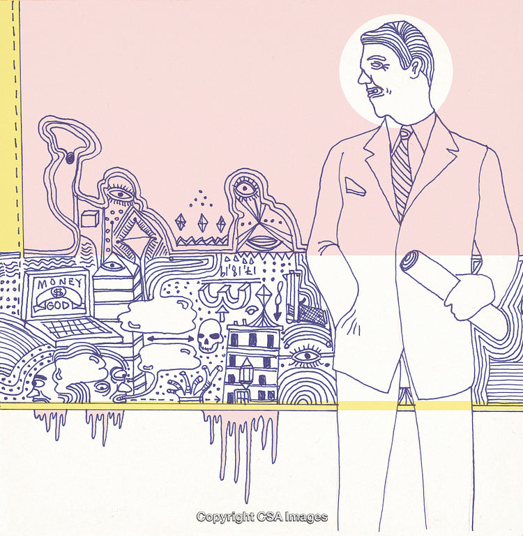 Abstract Art Featuring a Man in Formal Attire Surrounded by Surreal Elements