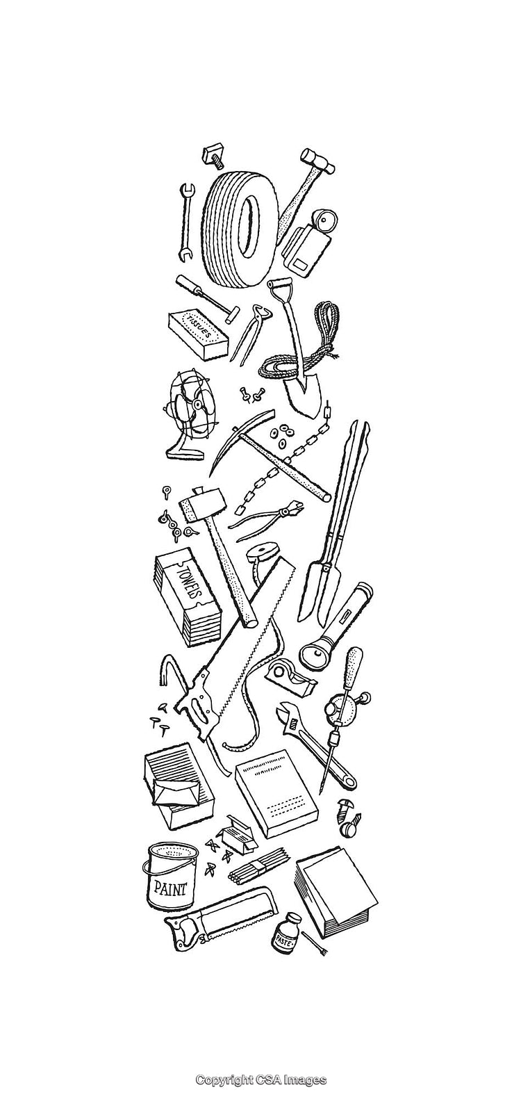 Black and White Line Art of Various Hand Tools