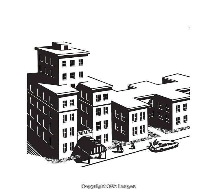 Black and White Illustration of Apartment Complex with Car and Pedestrian