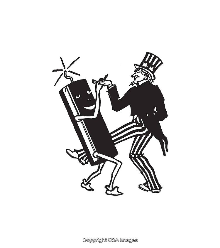 Whimsical Illustration of Uncle Sam Dancing with a Smiling Book Character