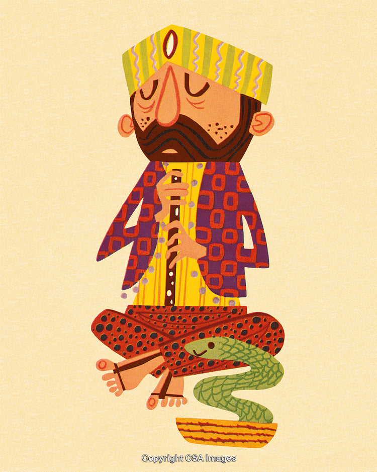 Artistic Cartoon Illustration of a Snake Charmer and Dancing Cobra