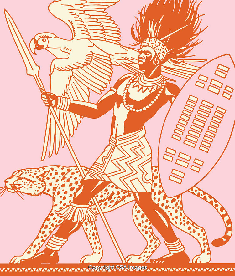 Colorful Line Art Illustration of Tribal Warrior with Leopard and Parrot