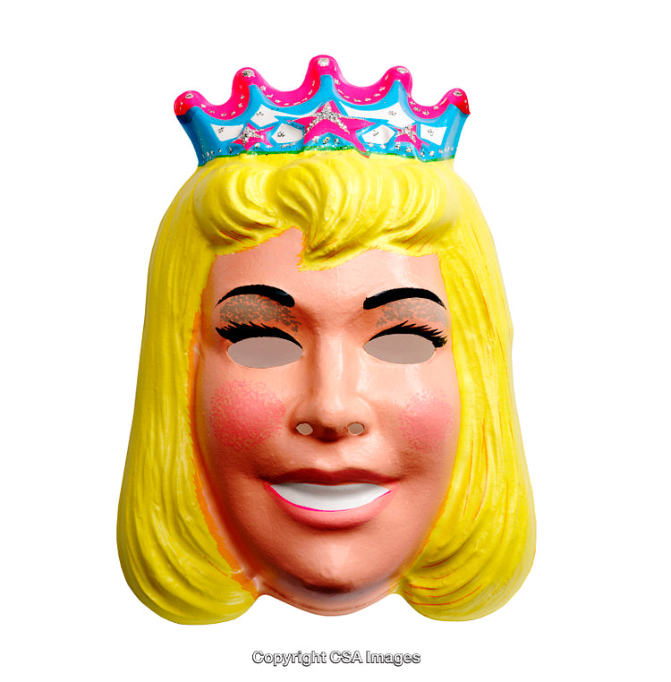 Colorful Plastic Princess Face Mask with Bright Yellow Hair and Crown