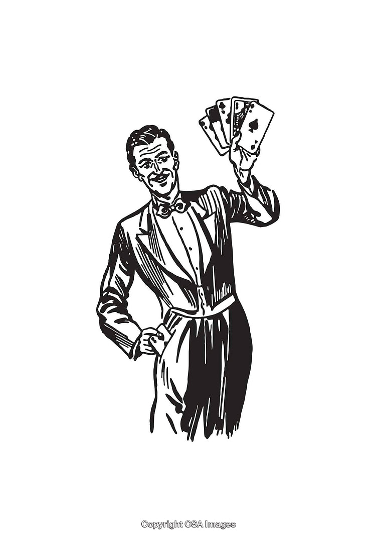Vintage Magician Illustration with a Deck of Cards in Black and White