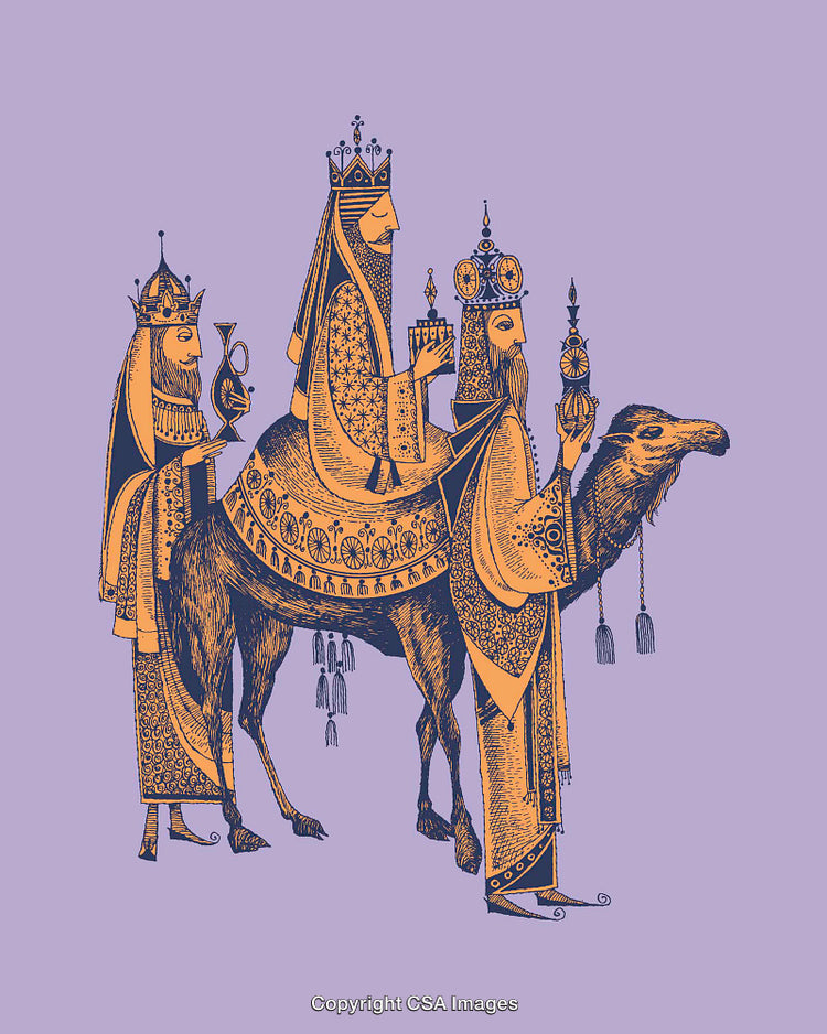 Three Kings Travelling in Intricate Line Art Style on Lavender Background