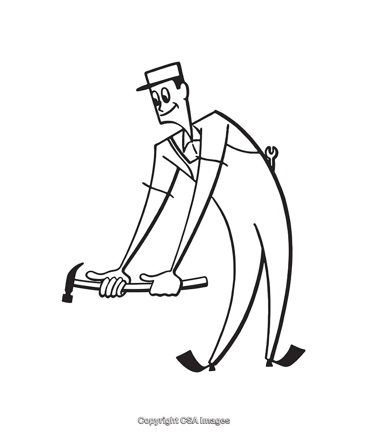 Black and White Line Art of a Worker Using a Tool