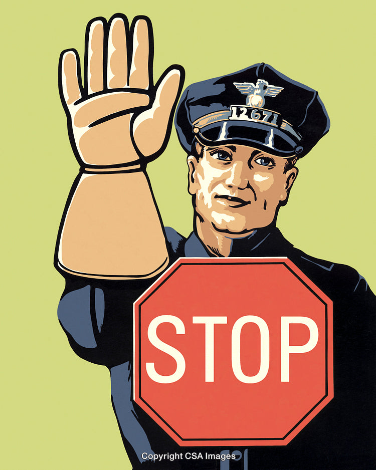 Illustration of Police Officer Holding Stop Sign in Commanding Gesture