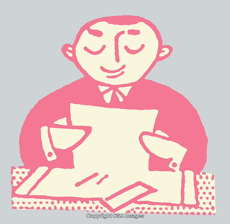 Whimsical Line Art Depiction of a Smiling Person Reviewing Papers